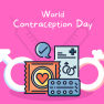 A graphic that shows text saying "World Contraception Day" as well as male and female symbols, flanking animated pictures of different forms of contraception.